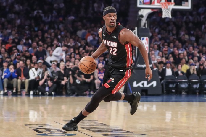 NBA: Playoffs-Miami Heat at New York Knicks Miami Heat forward Jimmy Butler drives to the basket against the New York Knicks during the 2023 NBA playoffs.