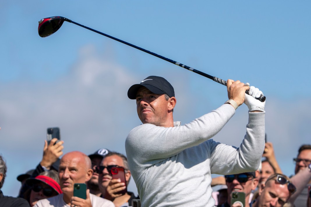 Rory McIlroy hits his tee shot on the 16th hole during a practice round of The Open Championship golf tournament at Royal Liverpool