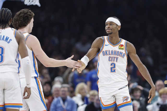 NBA: Orlando Magic at Oklahoma City Thunder Oklahoma City Thunder guard Shai Gilgeous-Alexander (2) celebrates with guard Josh Giddey (3) after scoring against the Orlando Magic