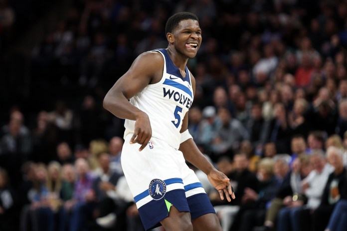 NBA: Toronto Raptors at Minnesota Timberwolves Minnesota Timberwolves guard Anthony Edwards (5) reacts to his shot against the Toronto Raptors