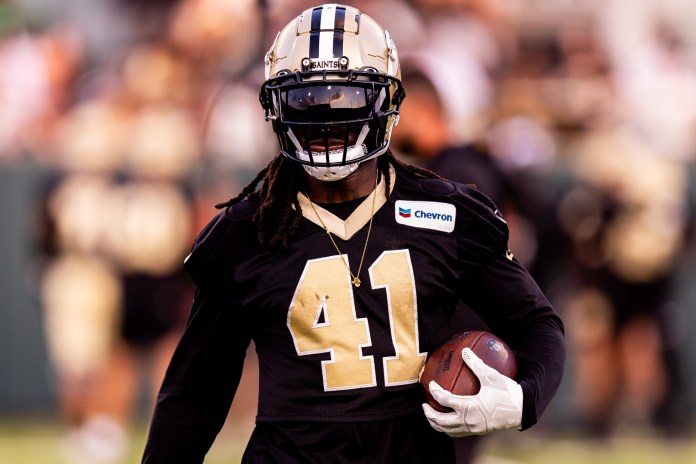 New Orleans Saints running back Alvin Kamara (41) during practice at Yulman Stadium (Tulane) on August 20, 2024.