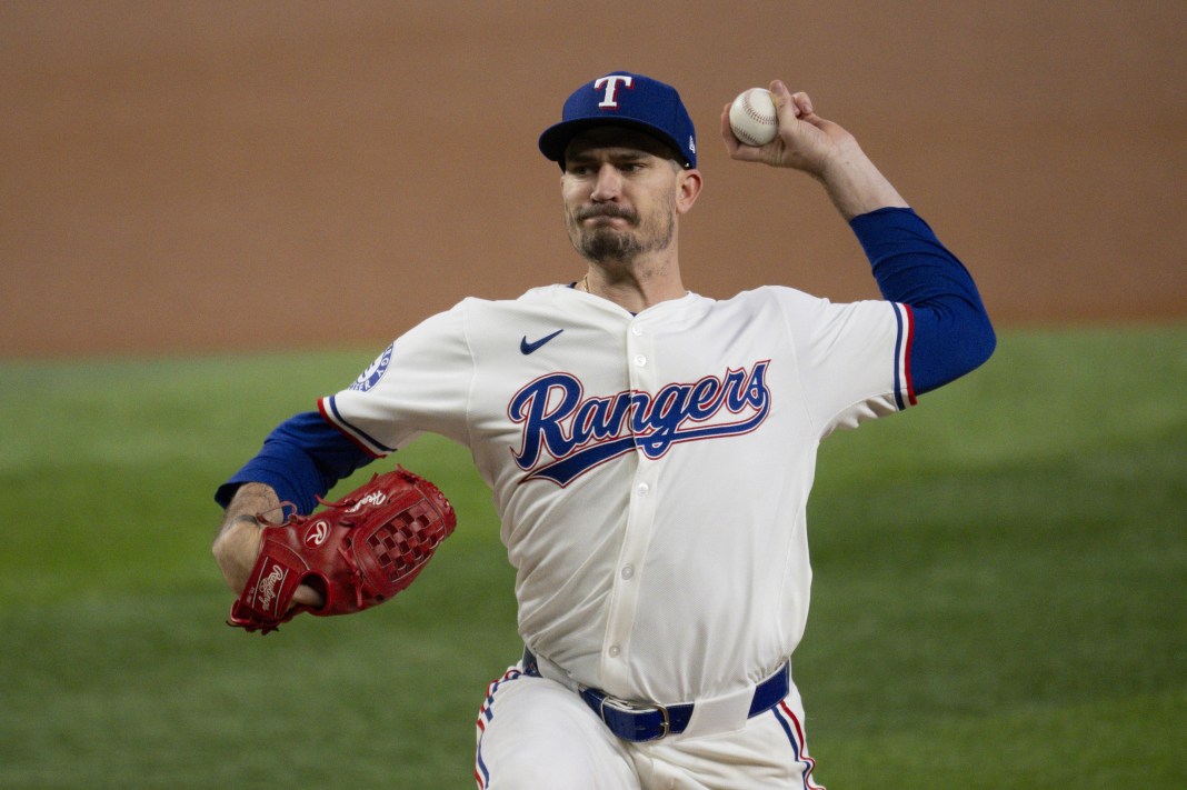 Texas Rangers starting pitcher Andrew Heaney (44) pitches against the Pittsburgh Pirates during the first inning at Globe Life Field on August 21, 2024.