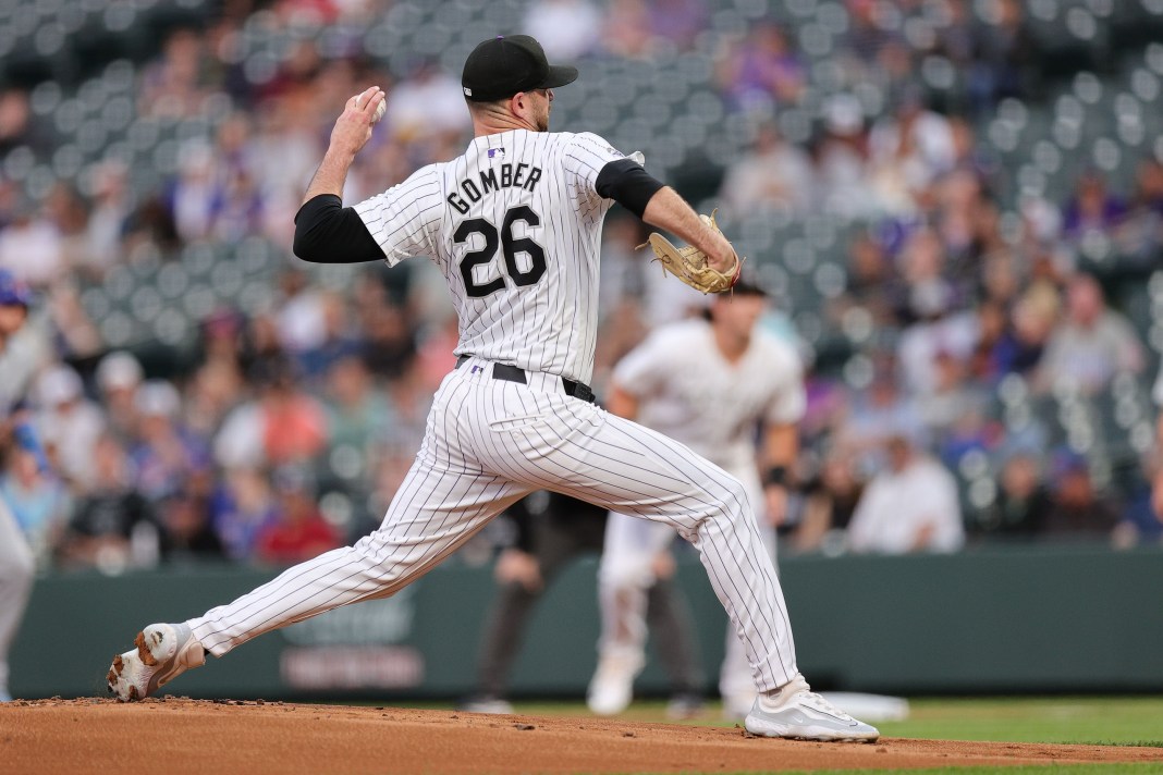 Colorado Rockies starting pitcher Austin Gomber (26) delivers a pitch during the first inning against the Chicago Cubs at Coors Field on September 13, 2024.