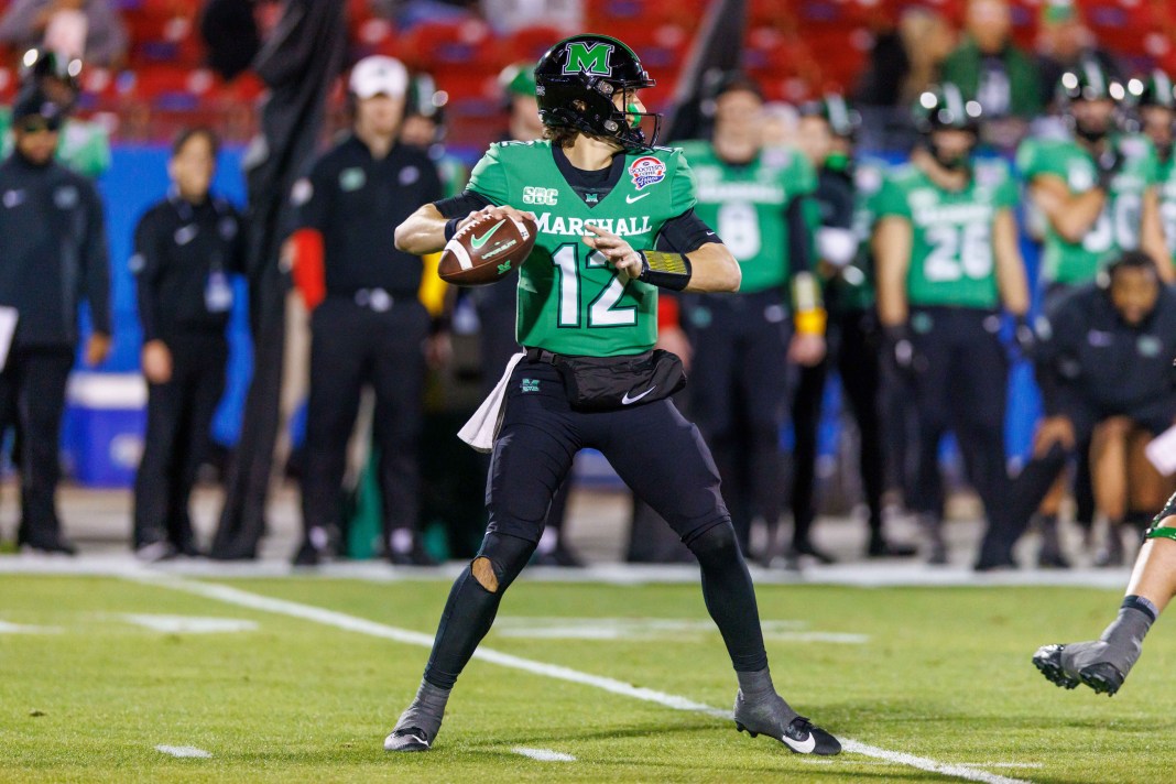 Marshall Thundering Herd quarterback Cole Pennington (12) during the first quarter against the UTSA Roadrunners at Toyota Stadium in Frisco, Texas, on December 19, 2023. Mandatory Credit: Andrew Dieb-USA TODAY Sports