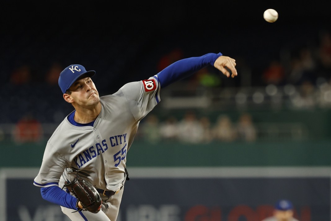 Kansas City Royals starting pitcher Cole Ragans (55) delivers a pitch during the first inning against the Washington Nationals at Nationals Park on September 24, 2024.