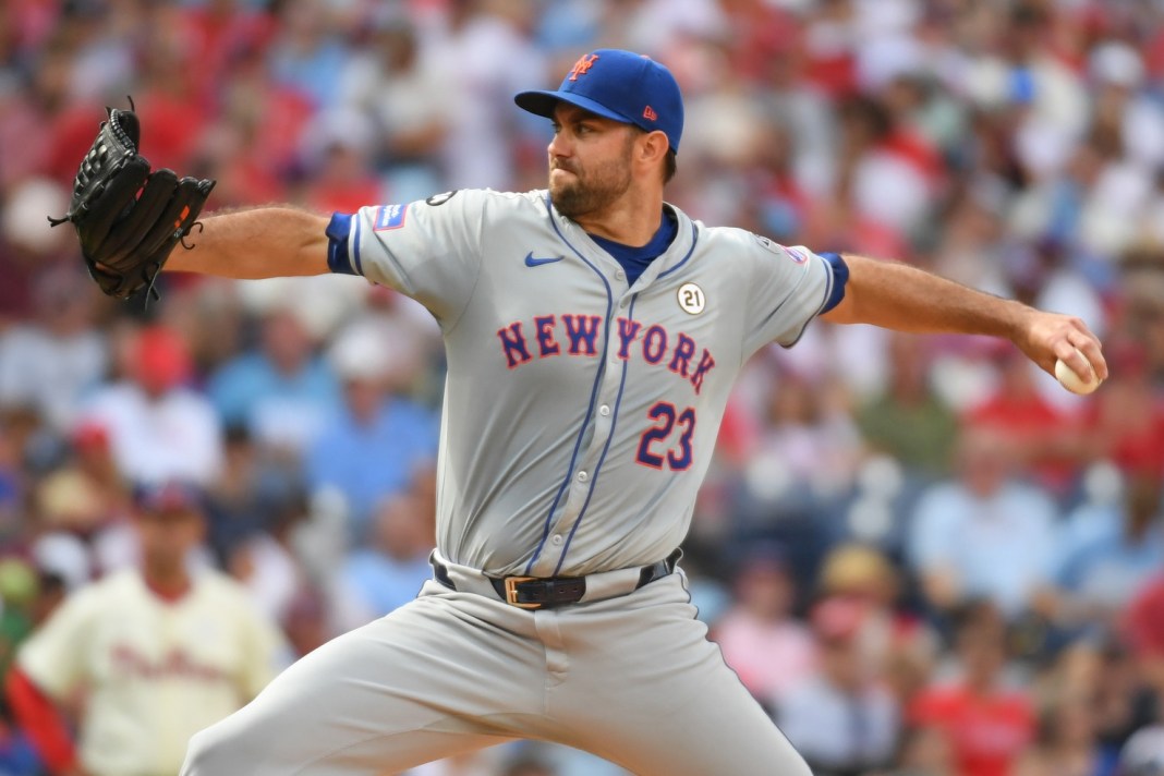 New York Mets pitcher David Peterson (23) delivers a pitch during the fifth inning against the Philadelphia Phillies at Citizens Bank Park on September 15, 2024.