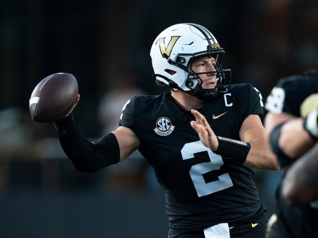 Vanderbilt Commodores quarterback Diego Pavia (2) throws against the Alcorn State Braves during their Southeastern Athletic Conference game at FirstBank Stadium in Nashville, Tenn., on Saturday, September 7, 2024.