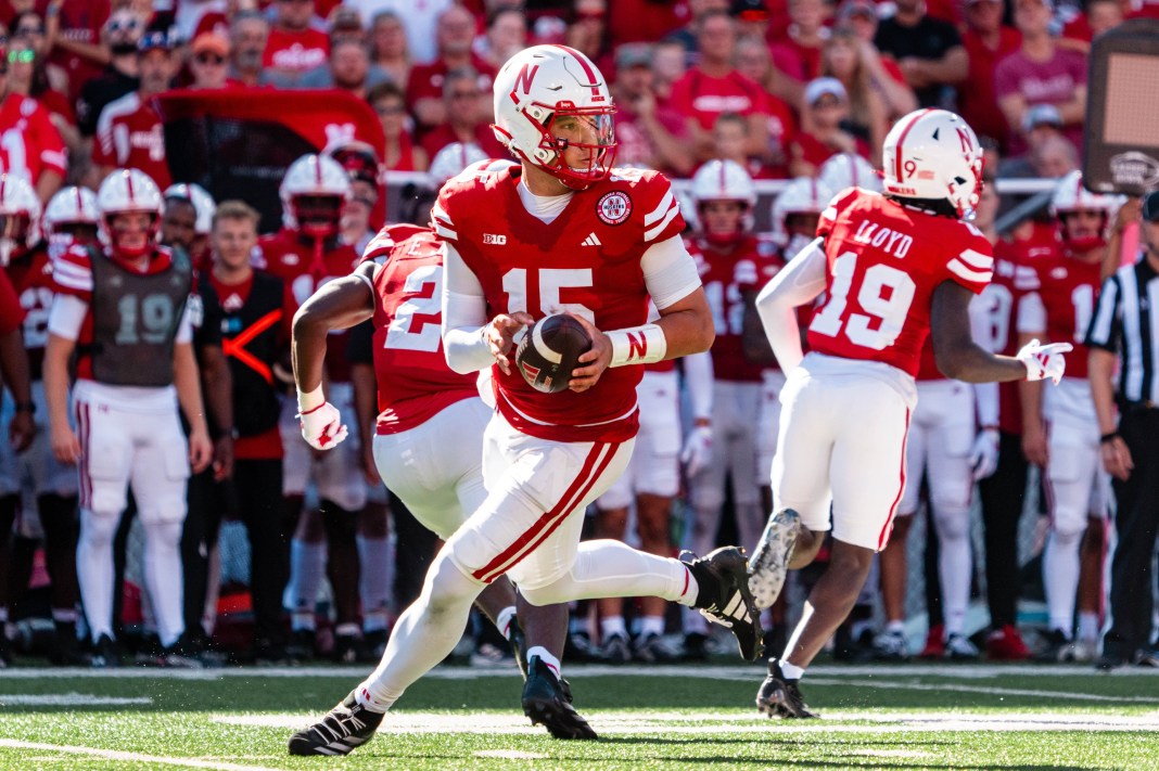 Nebraska Cornhuskers quarterback Dylan Raiola (15) rolls out to pass during the third quarter of the game against the UTEP Miners at Memorial Stadium in Lincoln, Nebraska, on August 31, 2024.