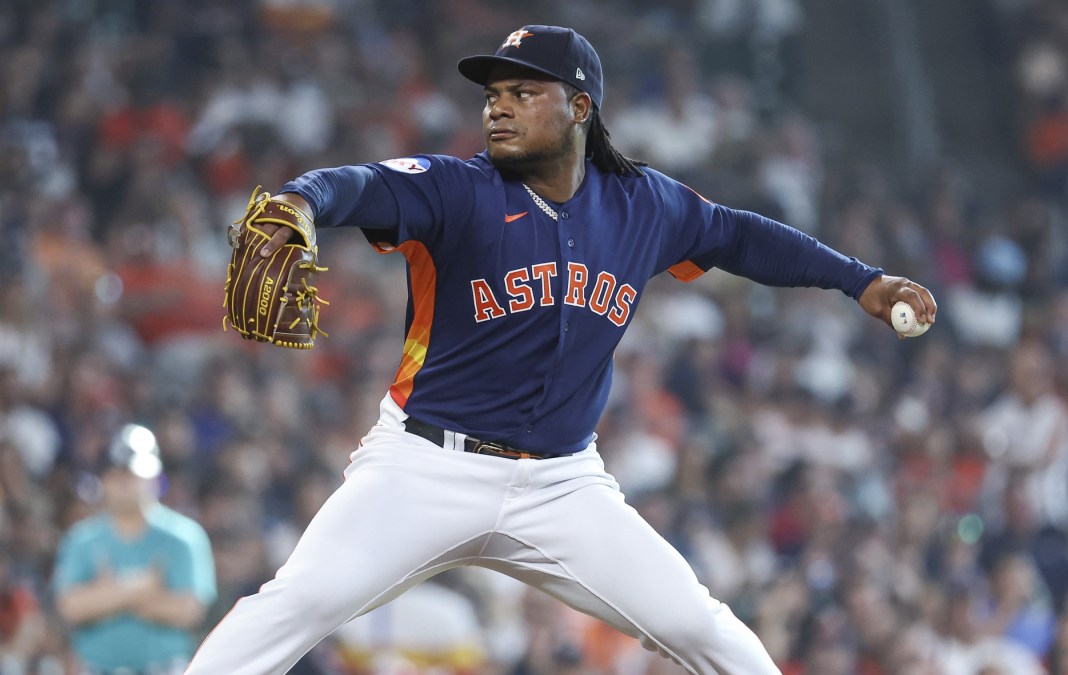 Houston Astros starting pitcher Framber Valdez (59) delivers a pitch during the first inning against the Seattle Mariners at Minute Maid Park on July 8, 2023.