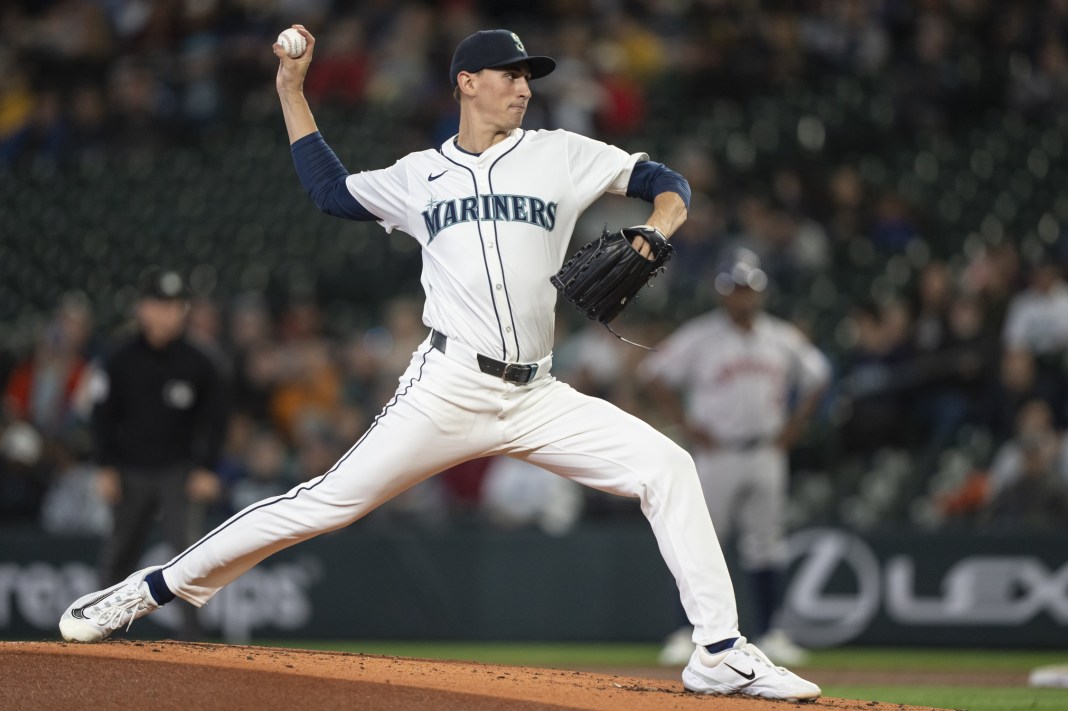 Seattle Mariners starter George Kirby (68) delivers a pitch during the second inning against the Houston Astros at T-Mobile Park on May 29, 2024.