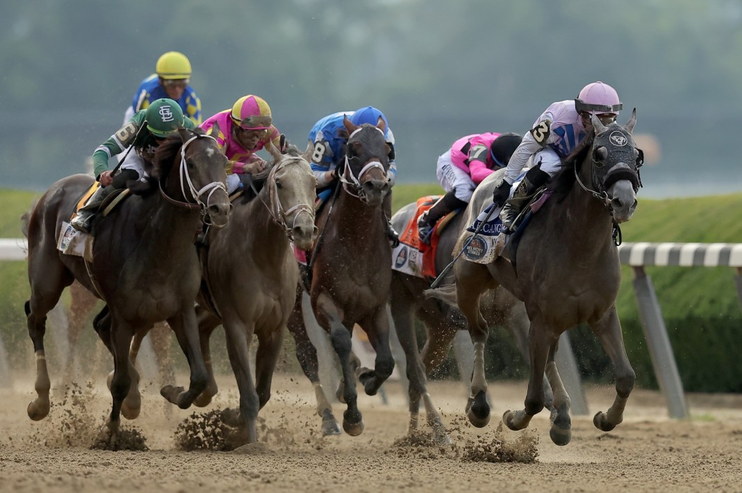 Arcangelo (3), ridden by jockey Javier Castellano, wins the 155th running of the Belmont Stakes at Belmont Park in Elmont, New York, on June 10, 2023.