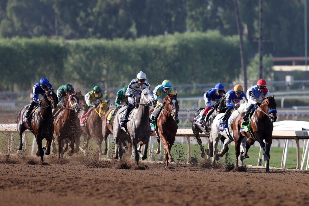 Arabian Knight (12) takes an early lead in the Breeders Cup Classic during the 2023 Breeders Cup World Championships at Santa Anita Park on November 4, 2023.