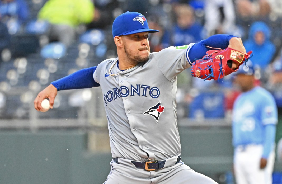 Toronto Blue Jays starting pitcher Jose Berrios (17) delivers a pitch in the first inning against the Kansas City Royals at Kauffman Stadium on April 25, 2024.