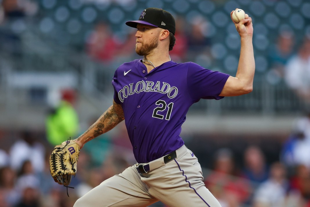 Colorado Rockies starting pitcher Kyle Freeland (21) throws against the Atlanta Braves in the first inning at Truist Park on September 3, 2024.