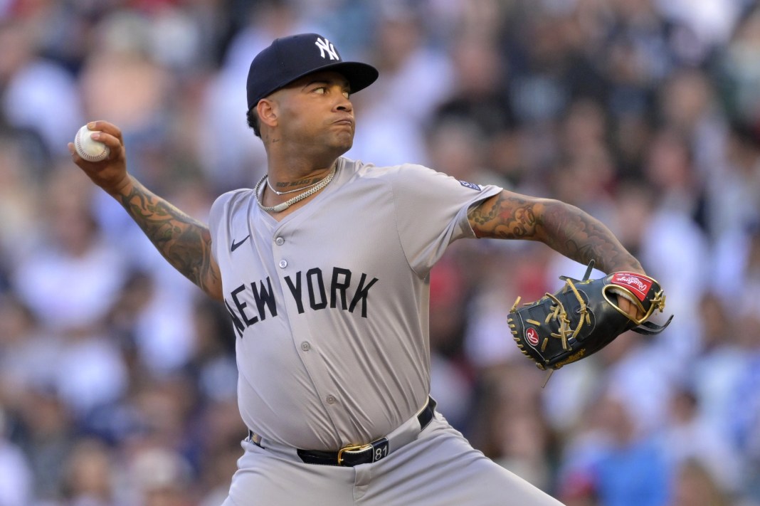 New York Yankees starting pitcher Luis Gil (81) throws to the plate in the first inning against the Los Angeles Angels at Angel Stadium on May 29, 2024.