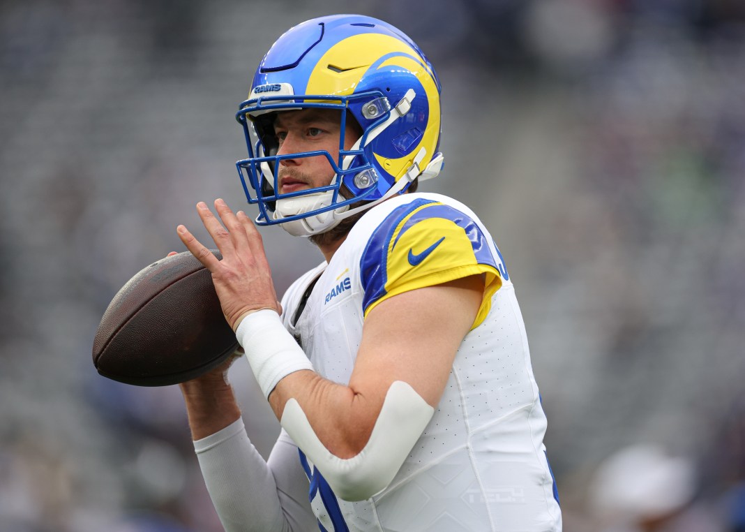 Los Angeles Rams quarterback Matthew Stafford (9) warms up before the game against the New York Giants at MetLife Stadium on December 31, 2023.