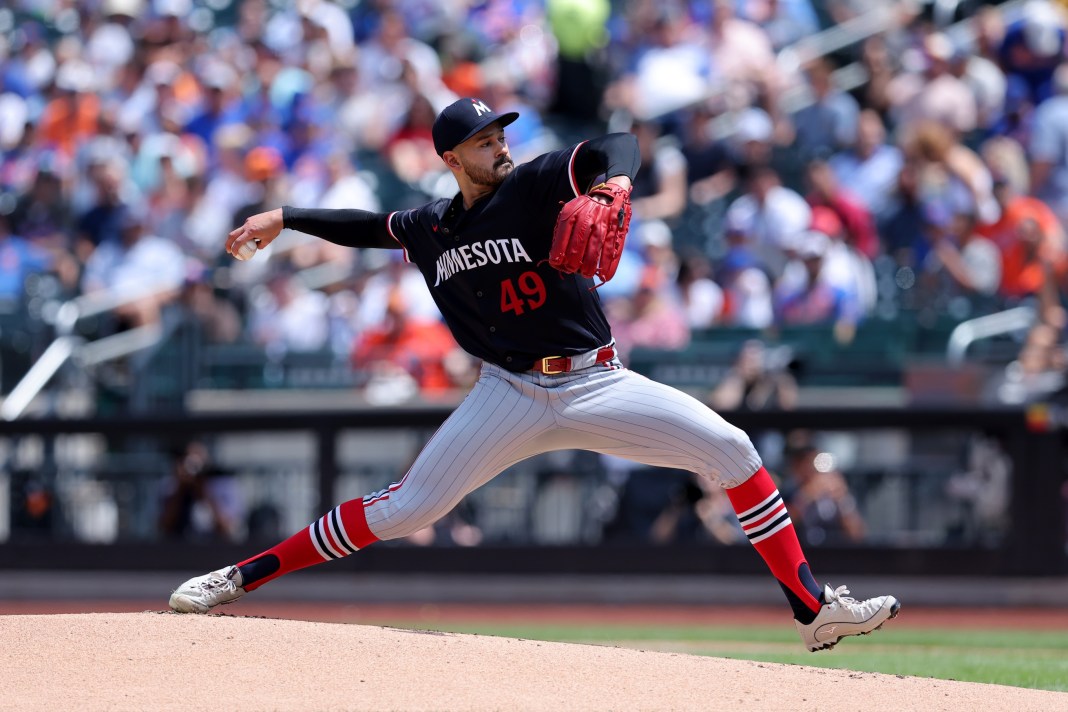 Minnesota Twins starting pitcher Pablo Lopez (49) pitches against the New York Mets during the first inning at Citi Field in New York City, New York, on July 31, 2024. Mandatory Credit: Brad Penner-USA TODAY Sports