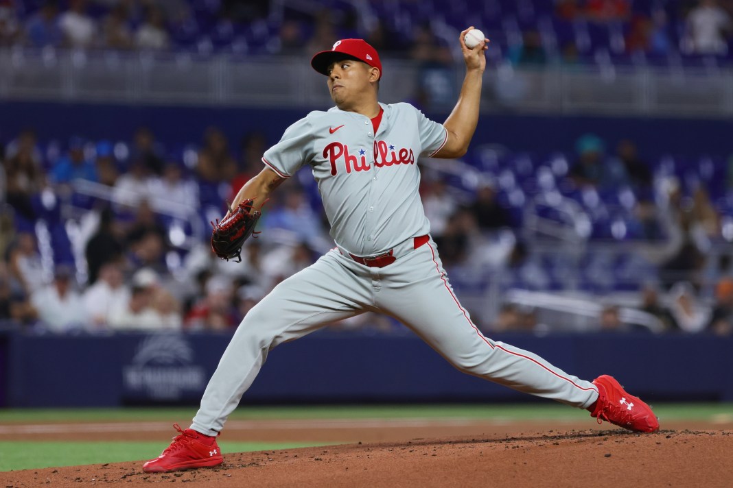 Philadelphia Phillies starting pitcher Ranger Suarez (55) delivers a pitch against the Miami Marlins during the first inning at loanDepot Park on May 10, 2024.