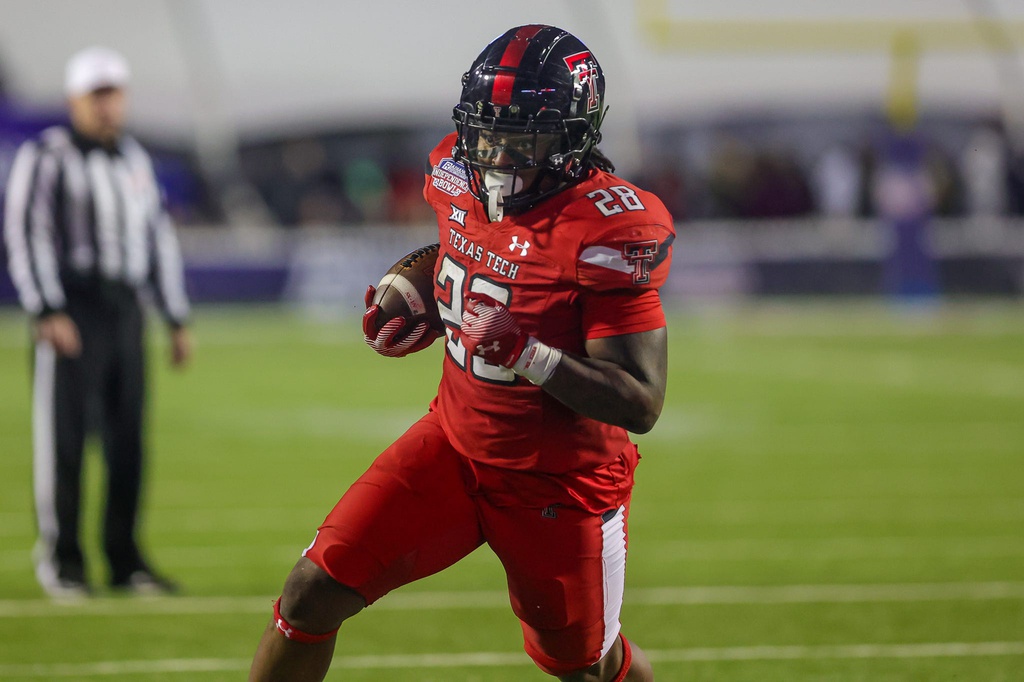 Texas Tech running back Tahj Brooks (28) barrels toward the end zone during the 47th Radiance Technology Independence Bowl on Saturday evening, December 16, 2023, in Shreveport, La.