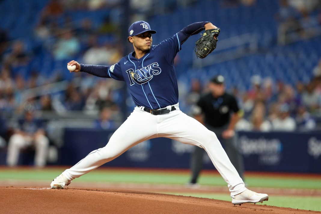 Apr 24, 2023; St. Petersburg, Florida, USA; Tampa Bay Rays starting pitcher Taj Bradley (45) throws a pitch against the Houston Astros in the first inning at Tropicana Field. Mandatory Credit: Nathan Ray Seebeck-USA TODAY Sports