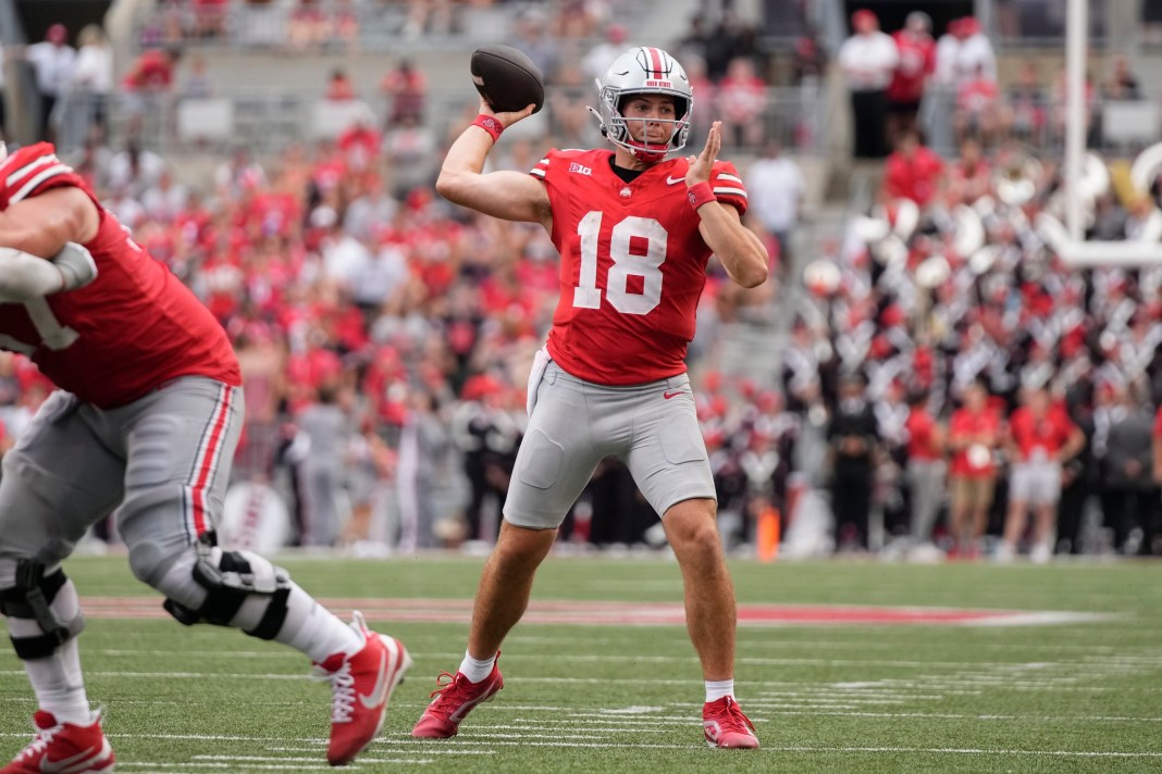 Ohio State quarterback Will Howard (18) throws a pass during the second half of the game against the Akron Zips at Ohio Stadium in Columbus, Ohio, on August 31, 2024. Ohio State won 52-6.