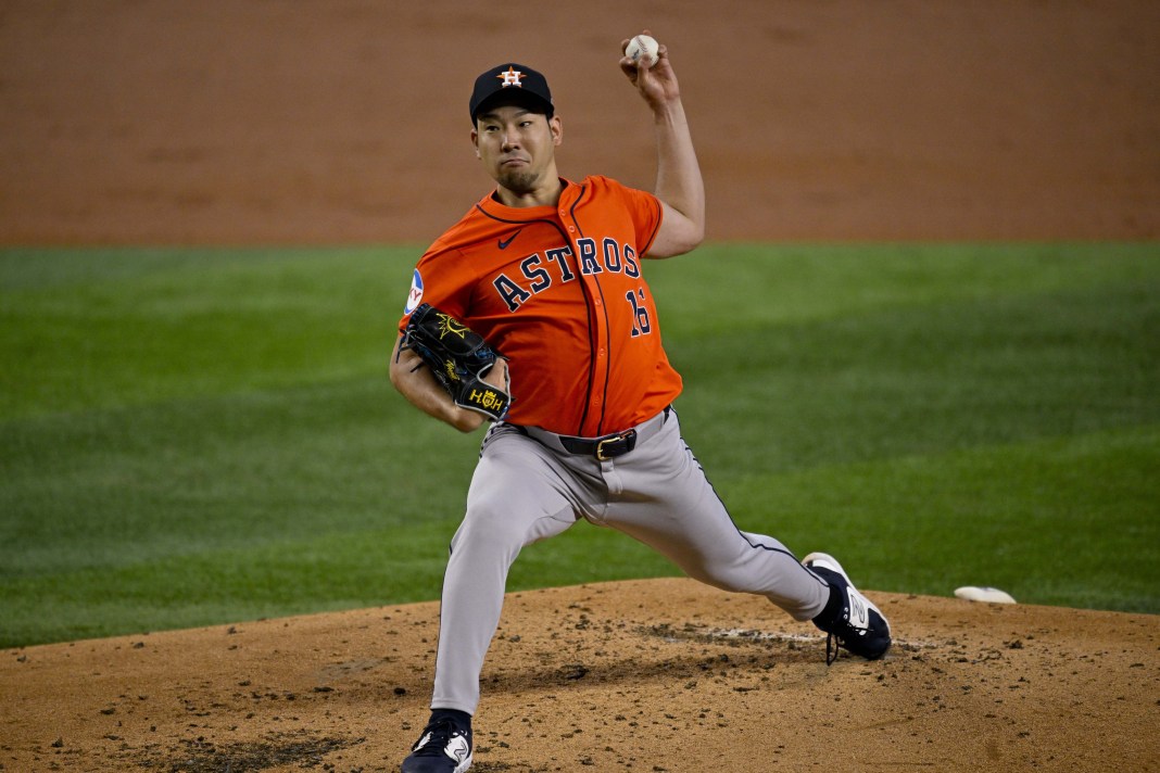 Houston Astros starting pitcher Yusei Kikuchi (16) delivers a pitch during the first inning against the Texas Rangers at Globe Life Field on August 7, 2024.