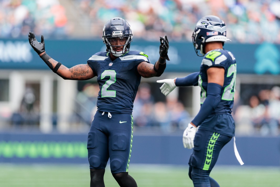 Seattle Seahawks safety Rayshawn Jenkins (2) celebrates during the second quarter against the Miami Dolphins at Lumen Field on September 22, 2024.