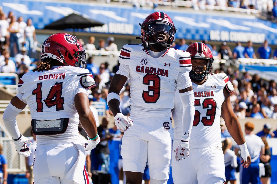 South Carolina Gamecocks wide receiver Mazeo Bennett Jr. (3) celebrates after scoring a touchdown during the first quarter against the Kentucky Wildcats at Kroger Field on September 7, 2024.