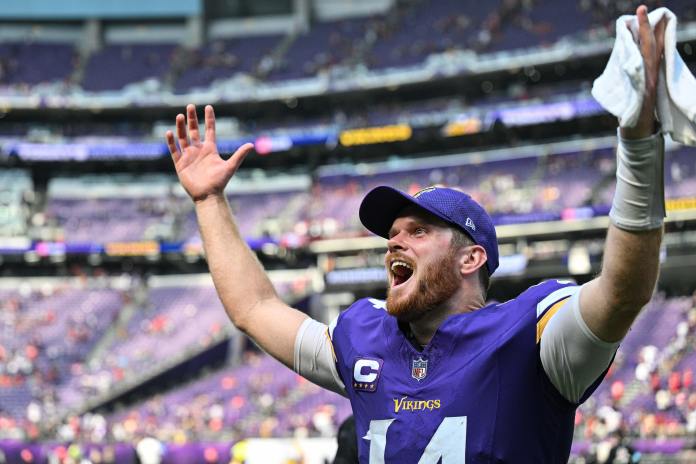 Minnesota Vikings quarterback Sam Darnold (14) reacts after the game against the San Francisco 49ers at U.S. Bank Stadium on September 15, 2024.