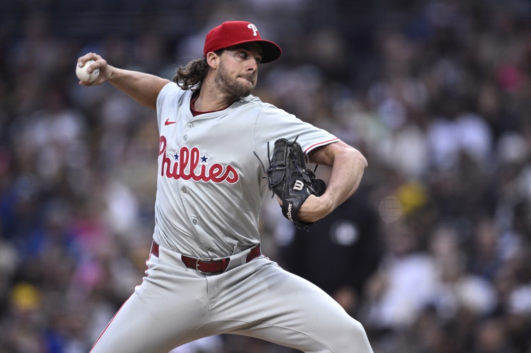 Philadelphia Phillies starting pitcher Aaron Nola (27) throws a pitch during the first inning against the San Diego Padres at Petco Park on April 26, 2024.