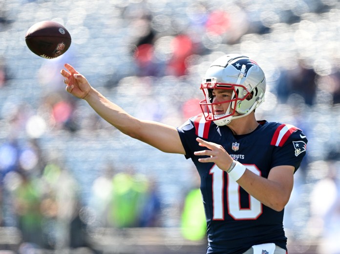 New England Patriots quarterback Drake Maye (10) throws the ball before a game against the Seattle Seahawks Gillette Stadium