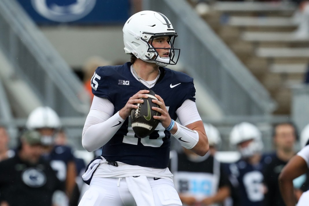 Penn State quarterback Drew Allar looks to make a pass during the 2024 college football season.