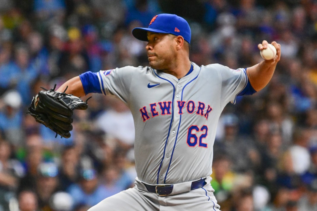New York Mets starting pitcher Jose Quintana (62) delivers a pitch during the first inning against the Milwaukee Brewers at American Family Field on September 28, 2024.