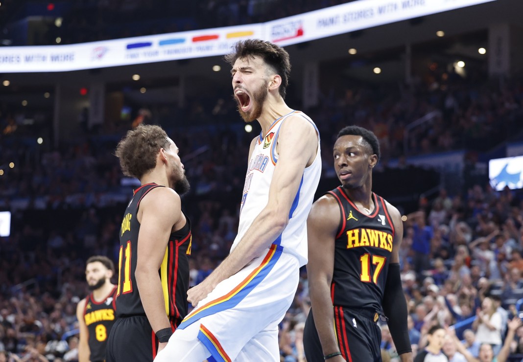 Oklahoma City Thunder forward Chet Holmgren celebrates after dunking against the Atlanta Hawks