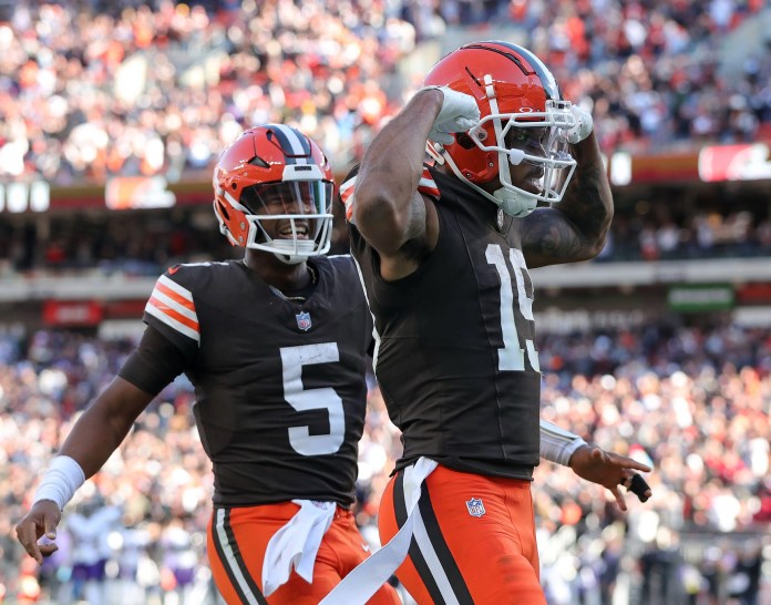 Cleveland Browns wide receiver Cedric Tillman (19) celebrates his touchdown with quarterback Jameis Winston (5) during the second half of an NFL football game against the Baltimore Ravens