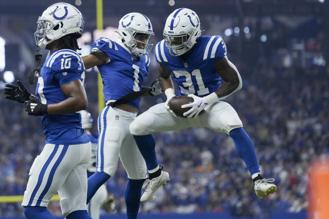 Indianapolis Colts running back Tyler Goodson celebrates with Indianapolis Colts wide receiver Josh Downs