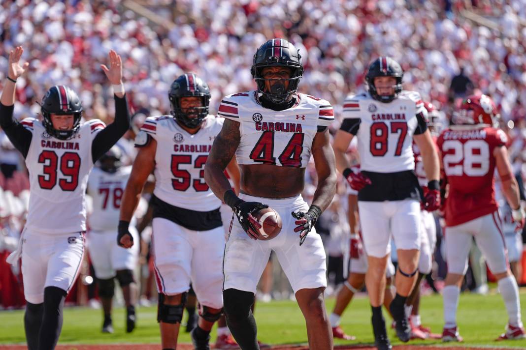 South Carolina Gamecocks tight end Maurice Brown II celebrates after scoring a 2-point conversion during a college football game