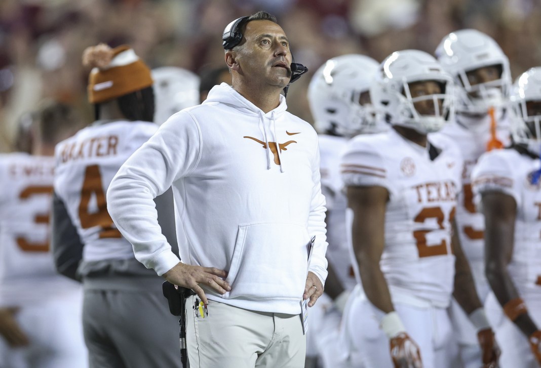 Texas Longhorns head coach Steve Sarkisian looks up during the game against the Texas A&M Aggies