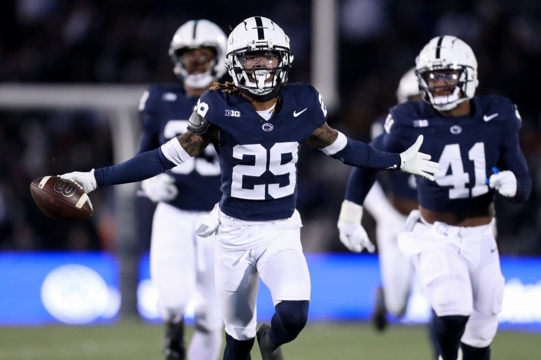 Penn State Nittany Lions cornerback Audavion Collins celebrates after intercepting the ball against the Maryland Terrapins
