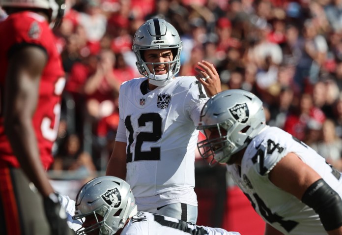 Las Vegas Raiders quarterback Aidan O'Connell signals to his teammates