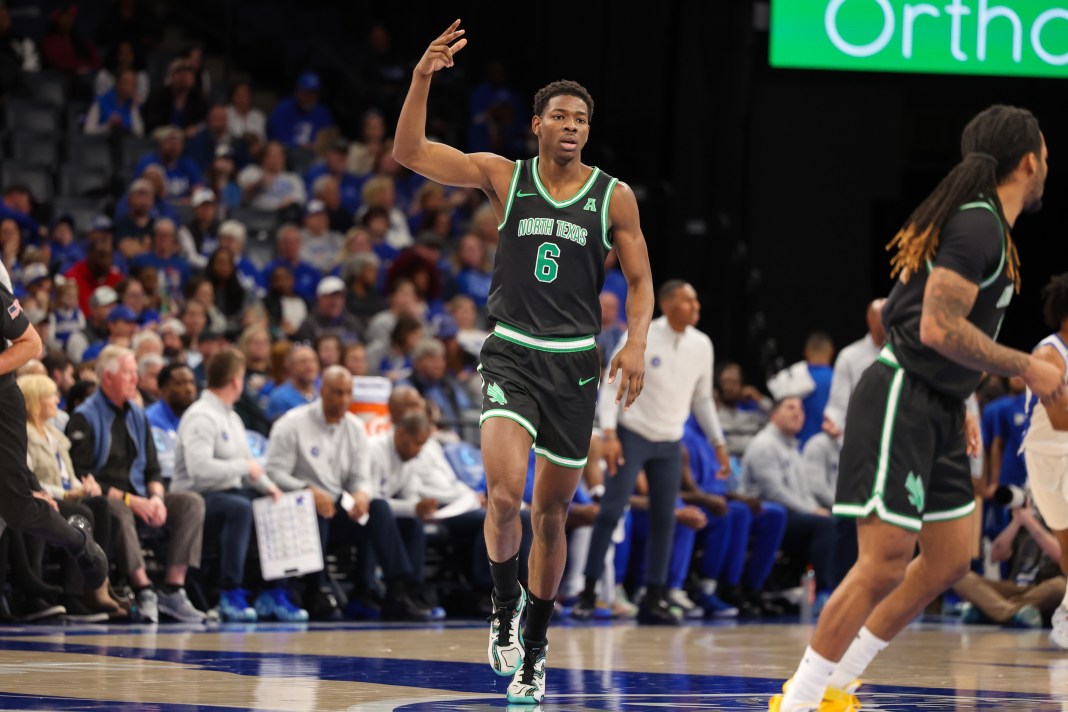 North Texas Mean Green forward Brenen Lorient (6) reacts after making a three-point basket during the first half against the Memphis Tigers at FedExForum on January 5, 2025