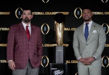 Top Picks from the CFB Betting Splits for Ohio State-Notre Dame on Monday January 20th Ohio State head coach Ryan Day and Notre Dame head coach Marcus Freeman pose with the College Football Playoff National Championship trophy at a press conference at The Westin Peachtree Plaza on January 19, 2025