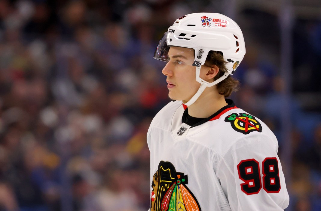 Chicago Blackhawks center Connor Bedard (98) during a stoppage in play against the Buffalo Sabres at KeyBank Center on December 27, 2024.