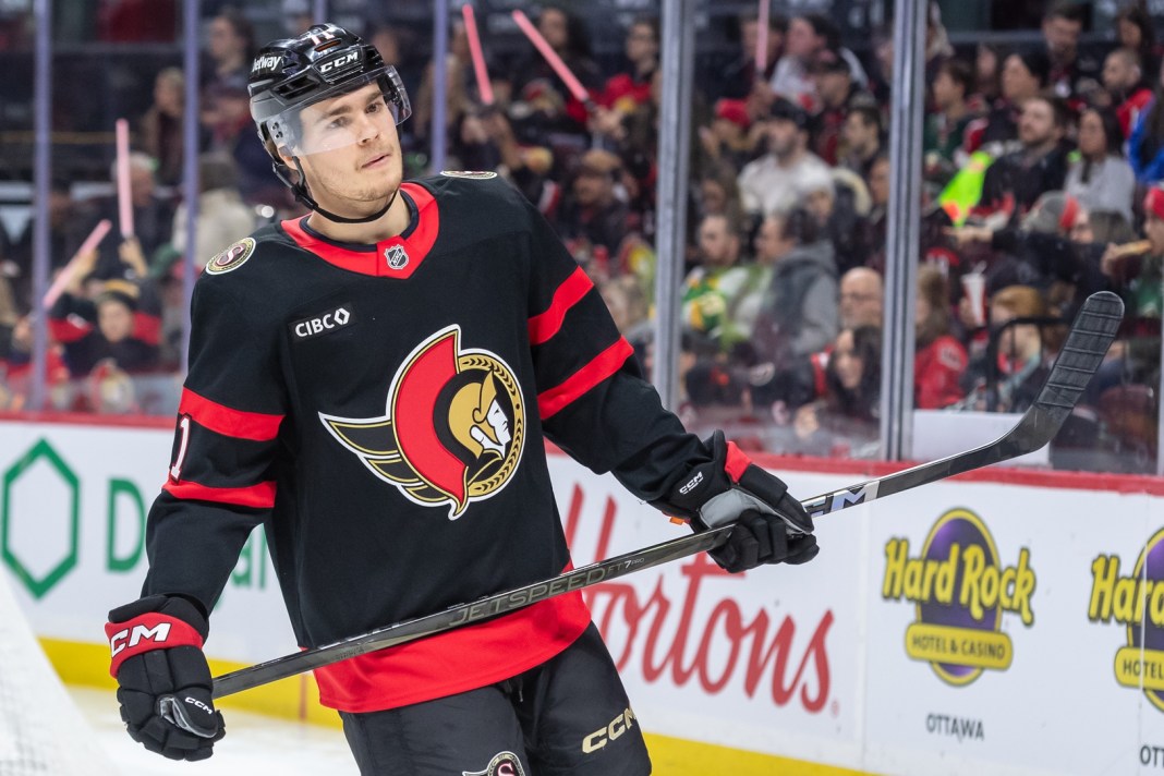 Ottawa Senators center Ridly Greig (71) skates during the second period against the Minnesota Wild at the Canadian Tire Centre on February 1, 2025.