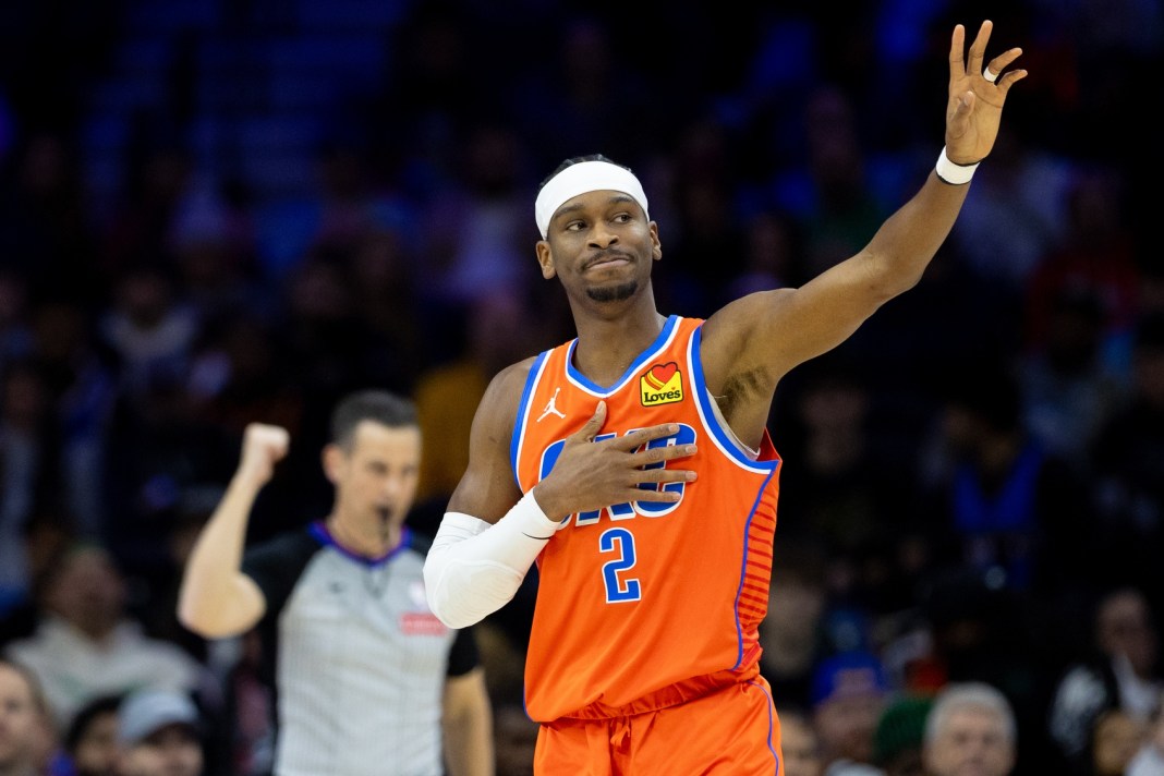 Thunder superstar Shai Gilgeous-Alexander reacts to a foul in a meeting with the 76ers during the 2024-25 NBA season.