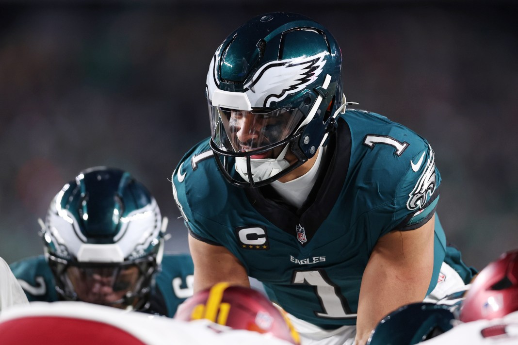 Philadelphia Eagles quarterback Jalen Hurts (1) prepares to snap the ball during the second half of the NFC Championship game against the Washington Commanders at Lincoln Financial Field on January 26, 2025