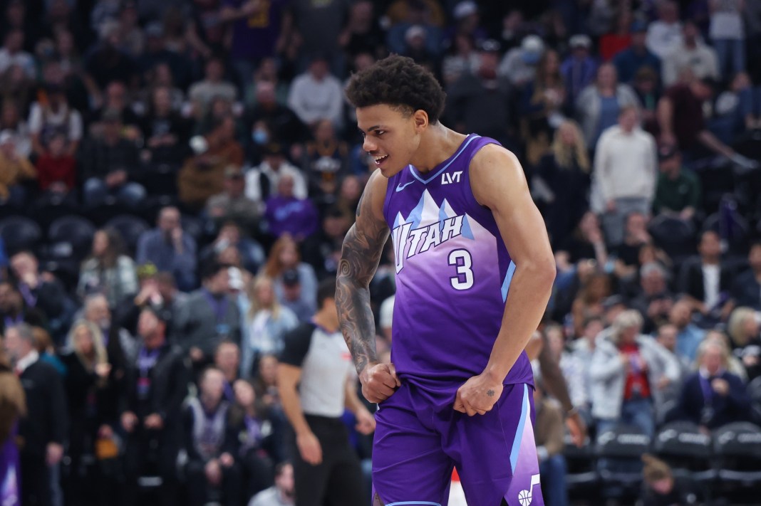 Jazz guard Keyonte George celebrates a big shot against the Rockets during the 2024-25 NBA season.