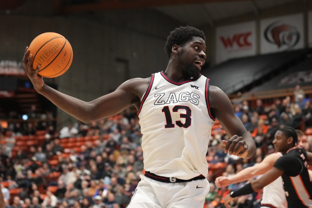 Gonzaga Bulldogs forward Graham Ike (13) handles the ball against the Pacific Tigers during the second half at Alex G. Spanos Center on February 8, 2025.