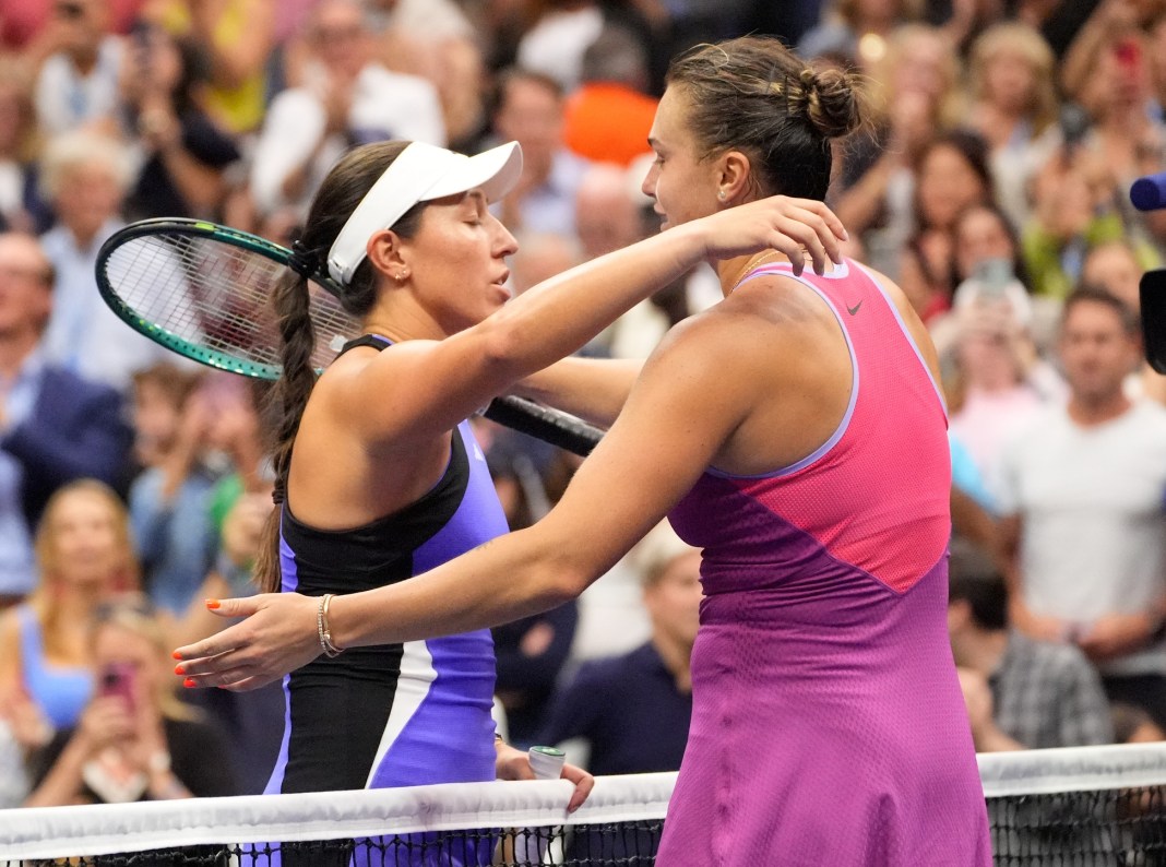Jessica Pegula and Aryna Sabalenka meet at the net after the 2024 US Open final.