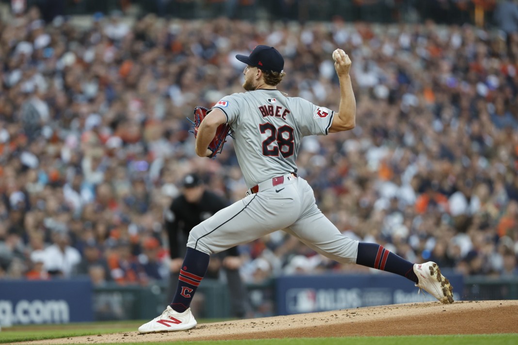 Cleveland Guardians starting pitcher Tanner Bibee (28) delivers a pitch in the first inning against the Detroit Tigers during game four of the ALDS in the 2024 MLB Playoffs at Comerica Park in Detroit, Michigan, on October 10, 2024.